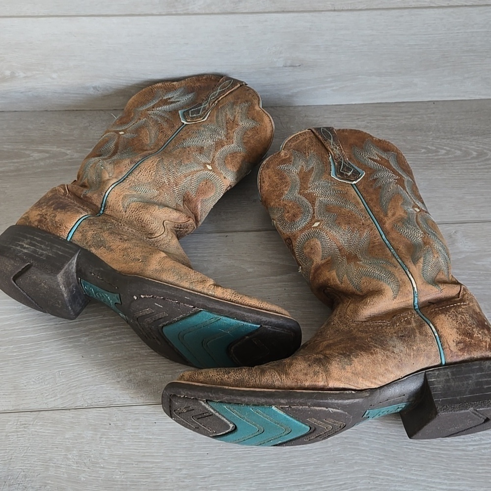 Sold Ariat Women 10008017 Brown & Teal Western Boots Square Toe Shoes Sz 9B - Picture 14 of 16